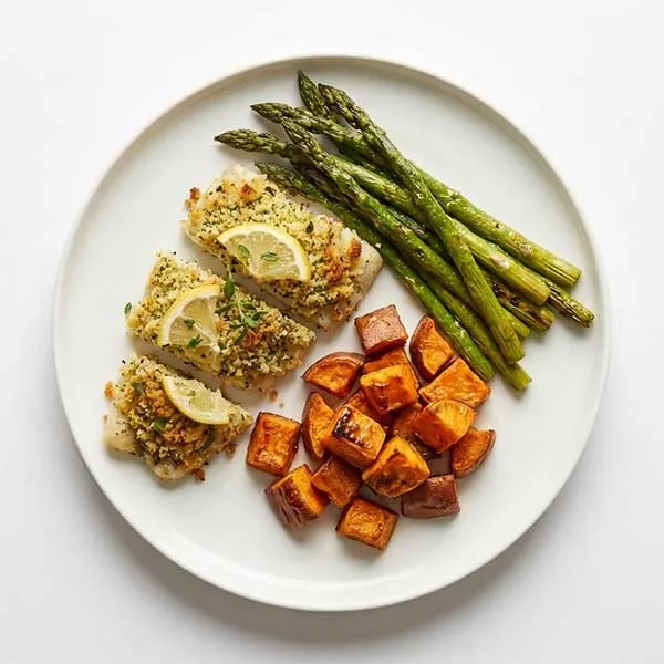 Baked Fish with Lemon Herb Crust & Roasted Asparagus and Sweet Potato